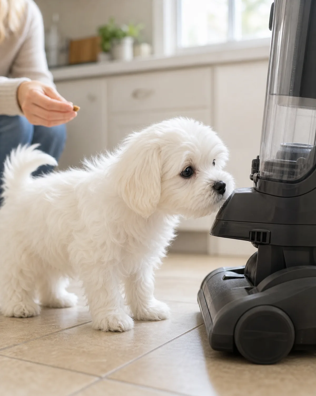 A tiny silky long-coated pure-white puppy with floppy ears on a clean kitchen tile floor calmly sniffing a still upright vacuum cleaner, owner's hand offering a treat at puppy level in soft daylight