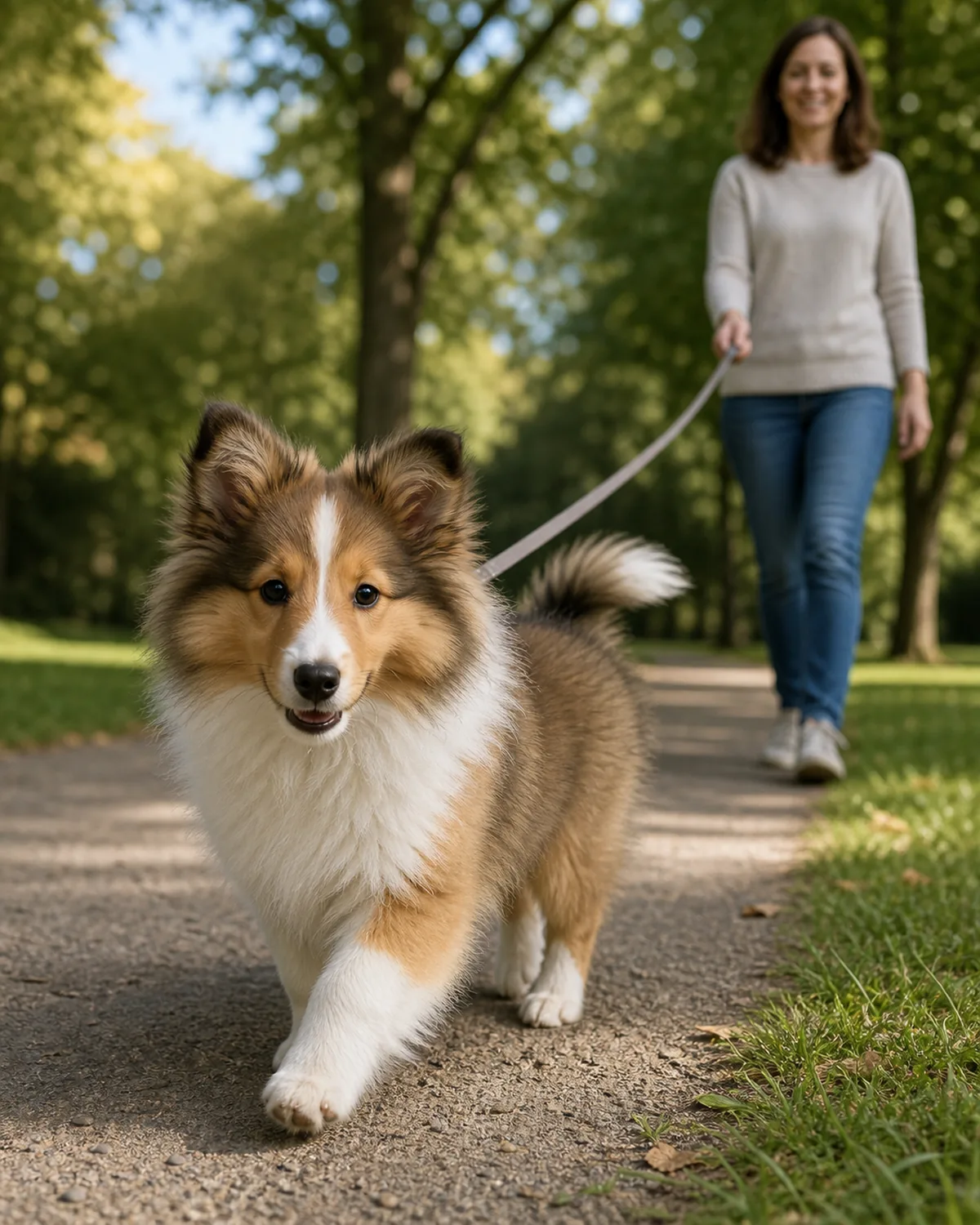 A small confident sable-and-white long-coated puppy with a mane-and-frill and semi-erect ears walking briskly and happily on a familiar park path on a loose leash, owner walking relaxed behind in soft late-afternoon daylight