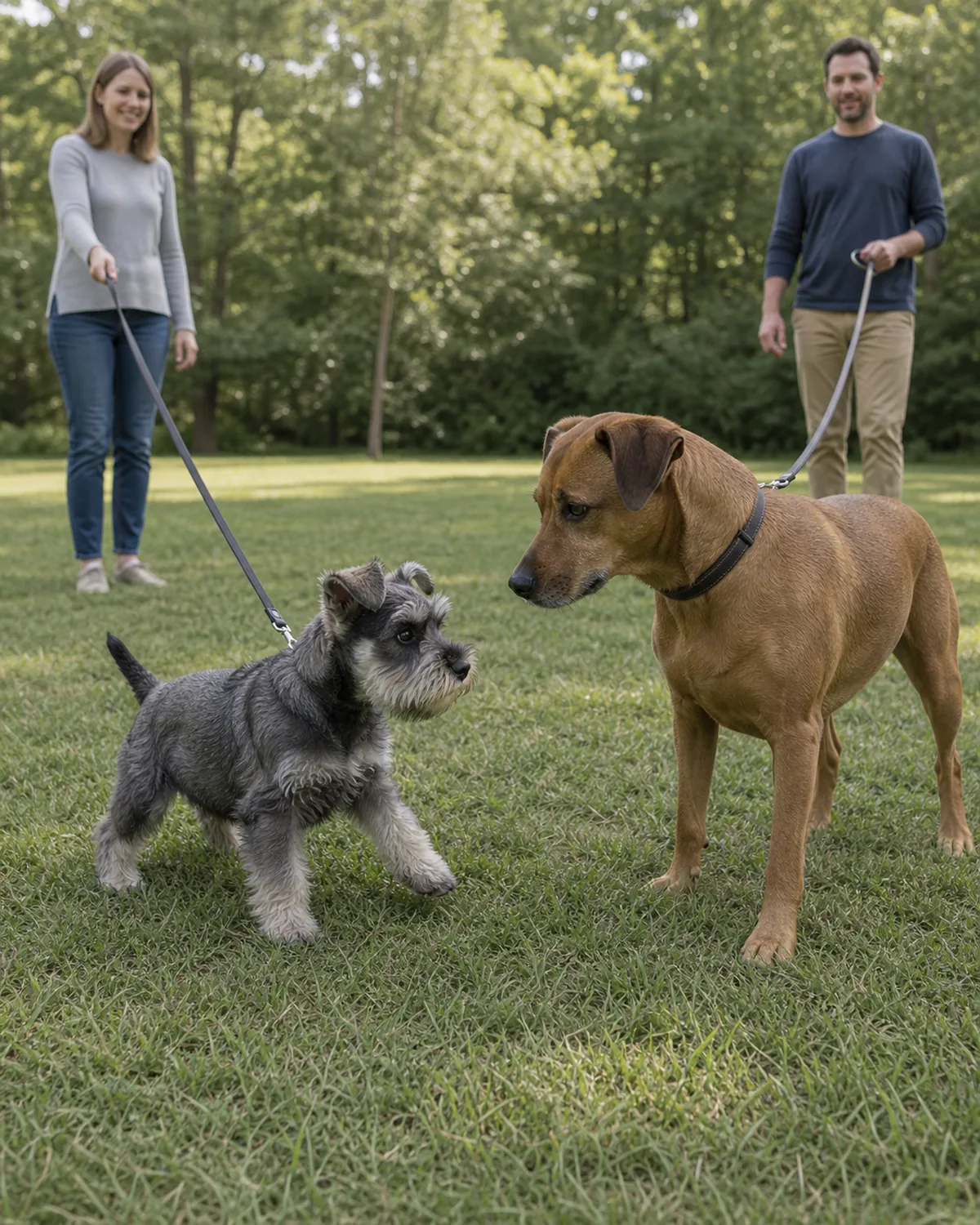 A small wiry salt-and-pepper grey puppy with a beard and semi-erect ears on a loose leash approaching in a gentle curve one calm brown short-coated adult dog standing relaxed on a neutral grassy park lawn, both owners standing back