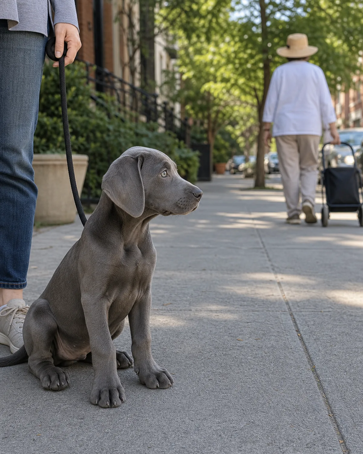 A medium silver-grey short-coated puppy with floppy ears sitting calmly on a quiet city sidewalk at the owner's feet, watching with relaxed curiosity as a person in a wide-brim hat pushing a small wheeled cart walks past at a respectful distance