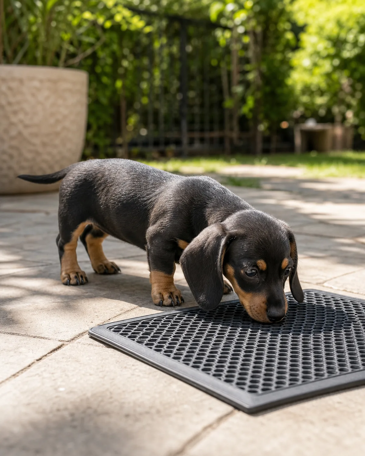 A small long-low-body very-short-leg black-and-tan smooth-coated puppy with long floppy ears on a quiet sunlit backyard patio investigating a single plain textured rubber mat with calm nose-down posture