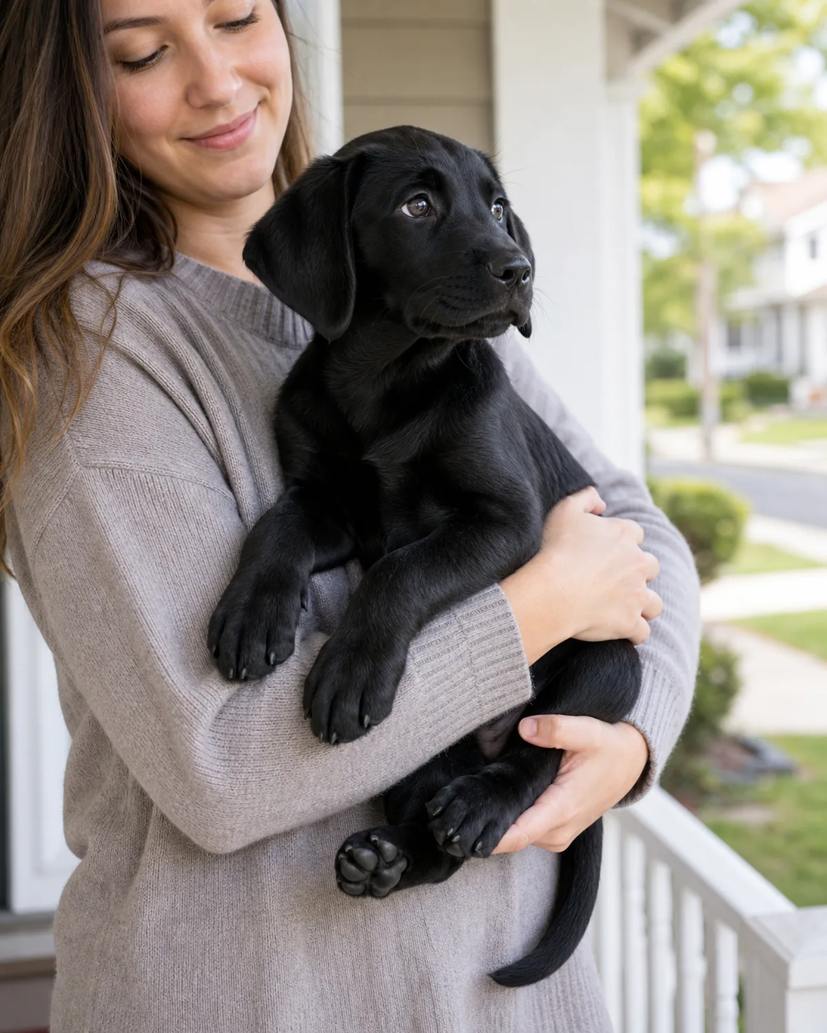 An owner standing on a clean front porch in soft daylight gently holding a solid jet-black short-coated medium puppy with floppy ears in their arms at chest height, the puppy resting calmly against the owner and watching the neighborhood with curiosity
