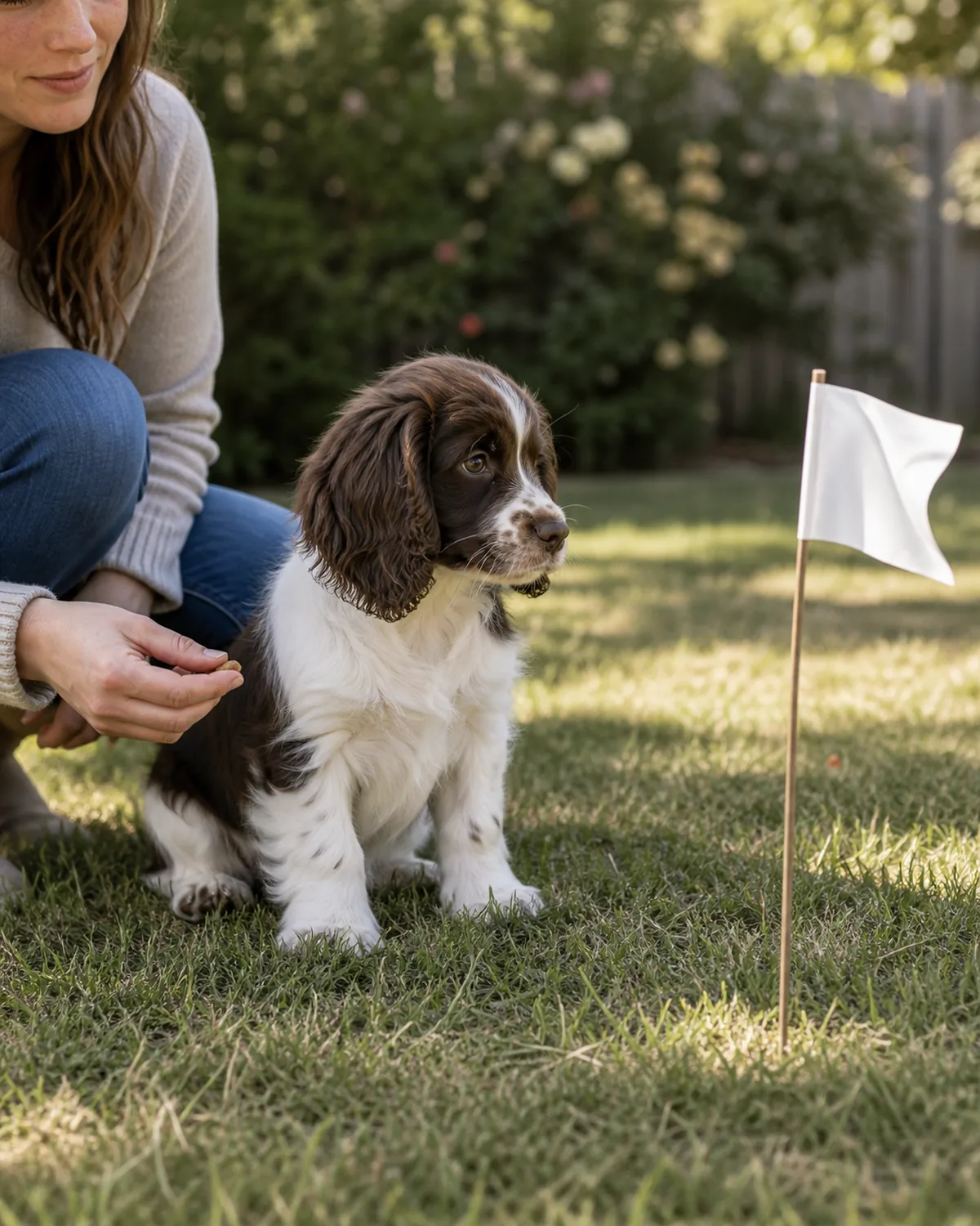 A small liver-and-white feathered medium-coat puppy with long feathered floppy ears sitting on a grass lawn looking calmly at a small paper flag fluttering on a stake a few feet away, owner crouched beside the puppy with a treat