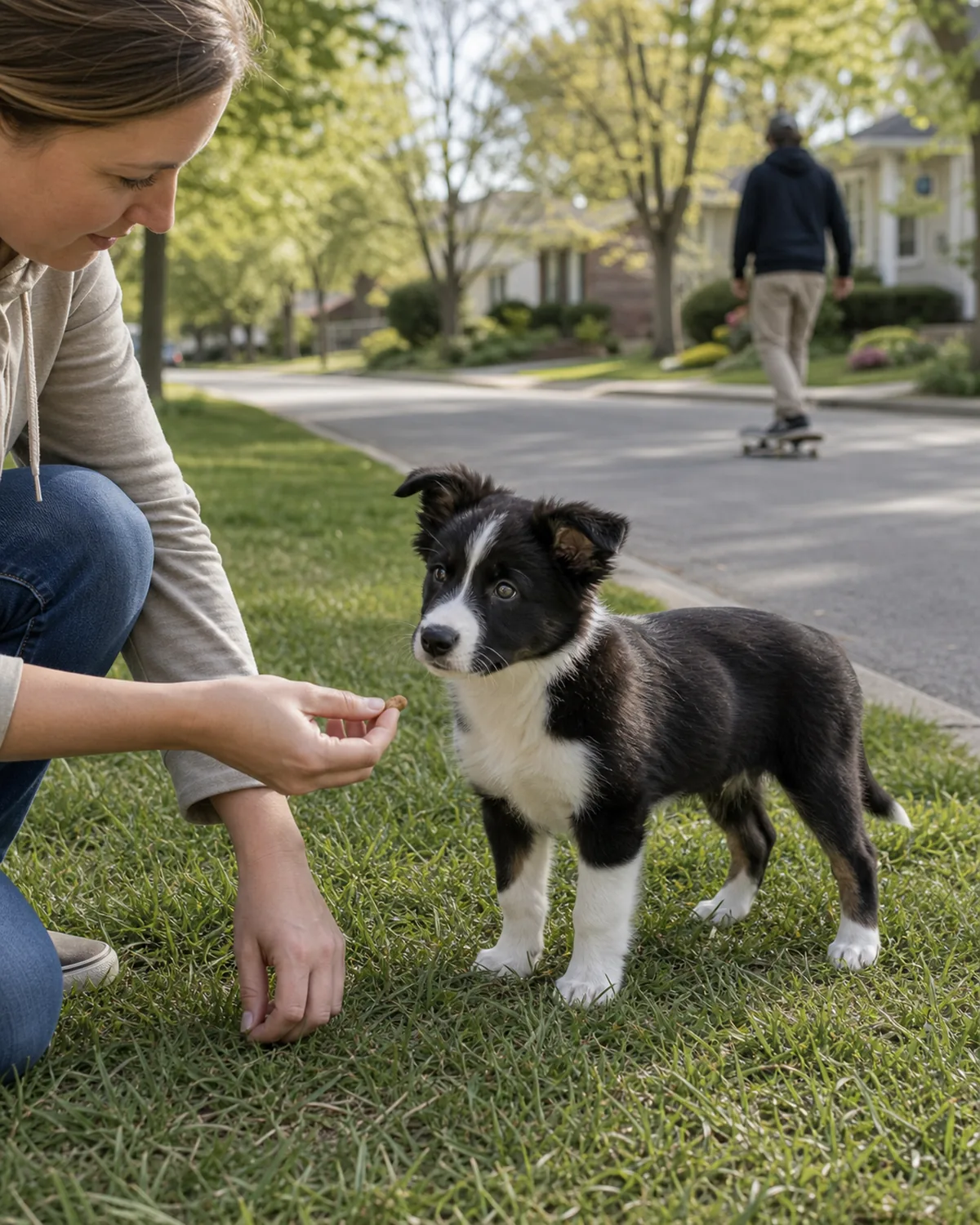 A small black-and-white medium-coated puppy with a clean white blaze and semi-erect ears standing on a quiet street's grass strip while a skateboarder rolls by at the far end of the street, owner crouched beside the puppy offering a treat