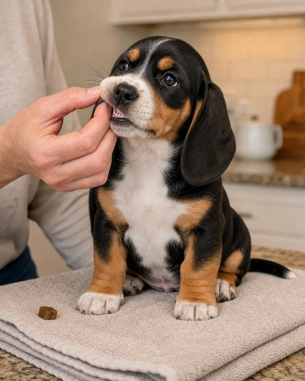 A small tricolor short-coated puppy with long low-set floppy ears sitting calmly on a folded soft towel on a clean kitchen counter while owner's gentle hand lightly lifts the side of the lip to peek at the teeth, a small treat ready