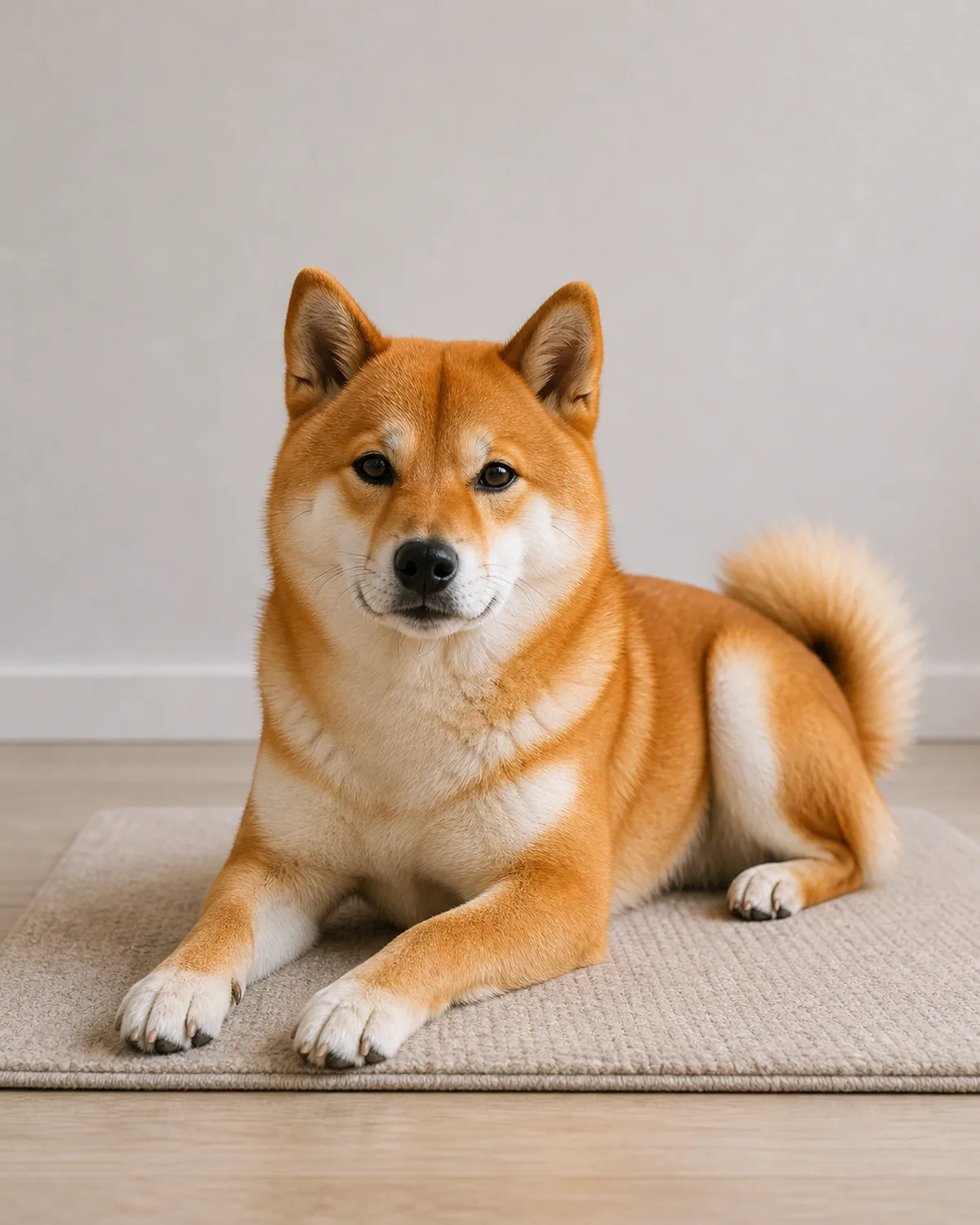 medium orange-red dog with fox-like face and curled tail in a calm settle on a mat, soft eyes and neutral body language
