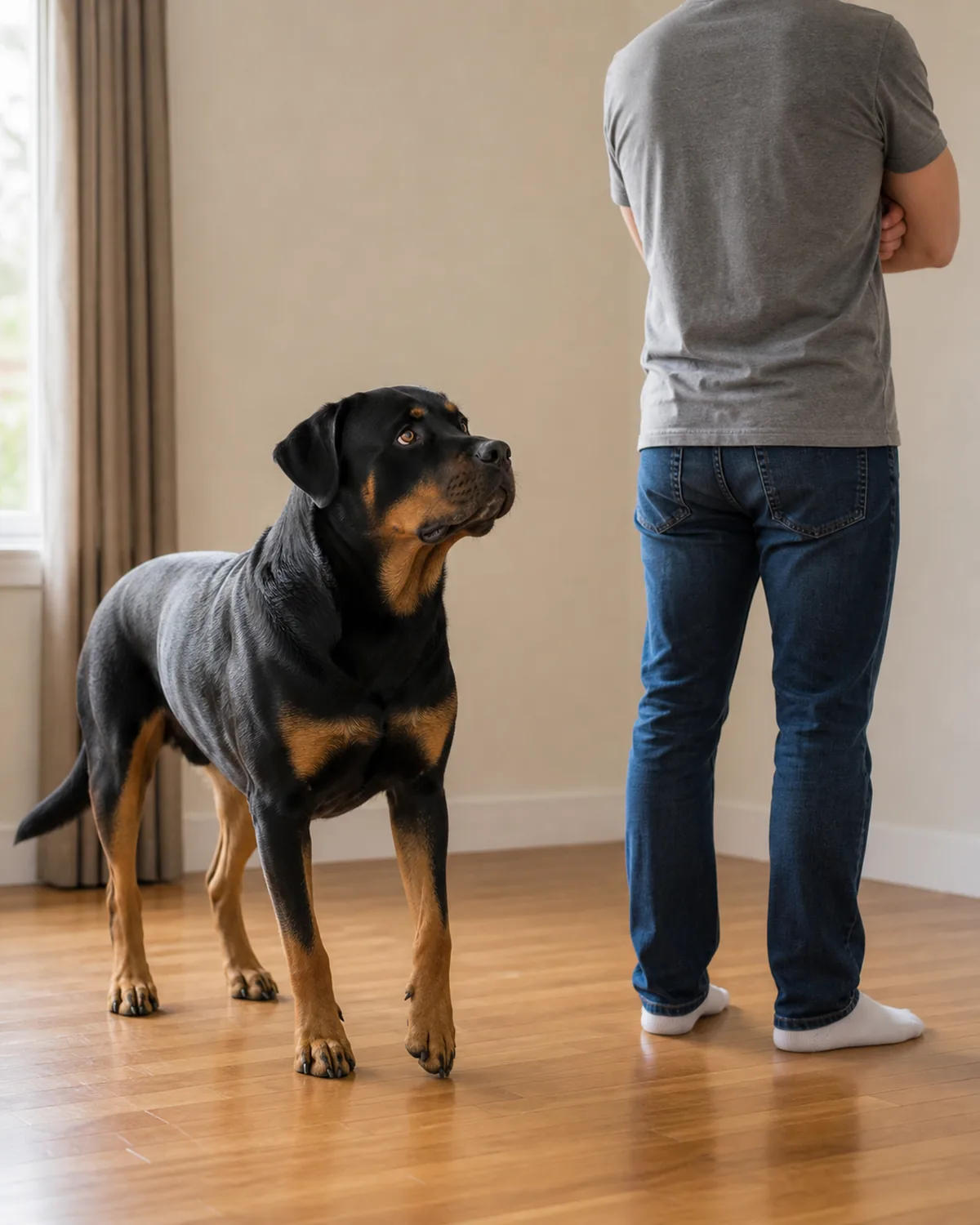 dog landing on floor as owner stands with arms crossed and back turned