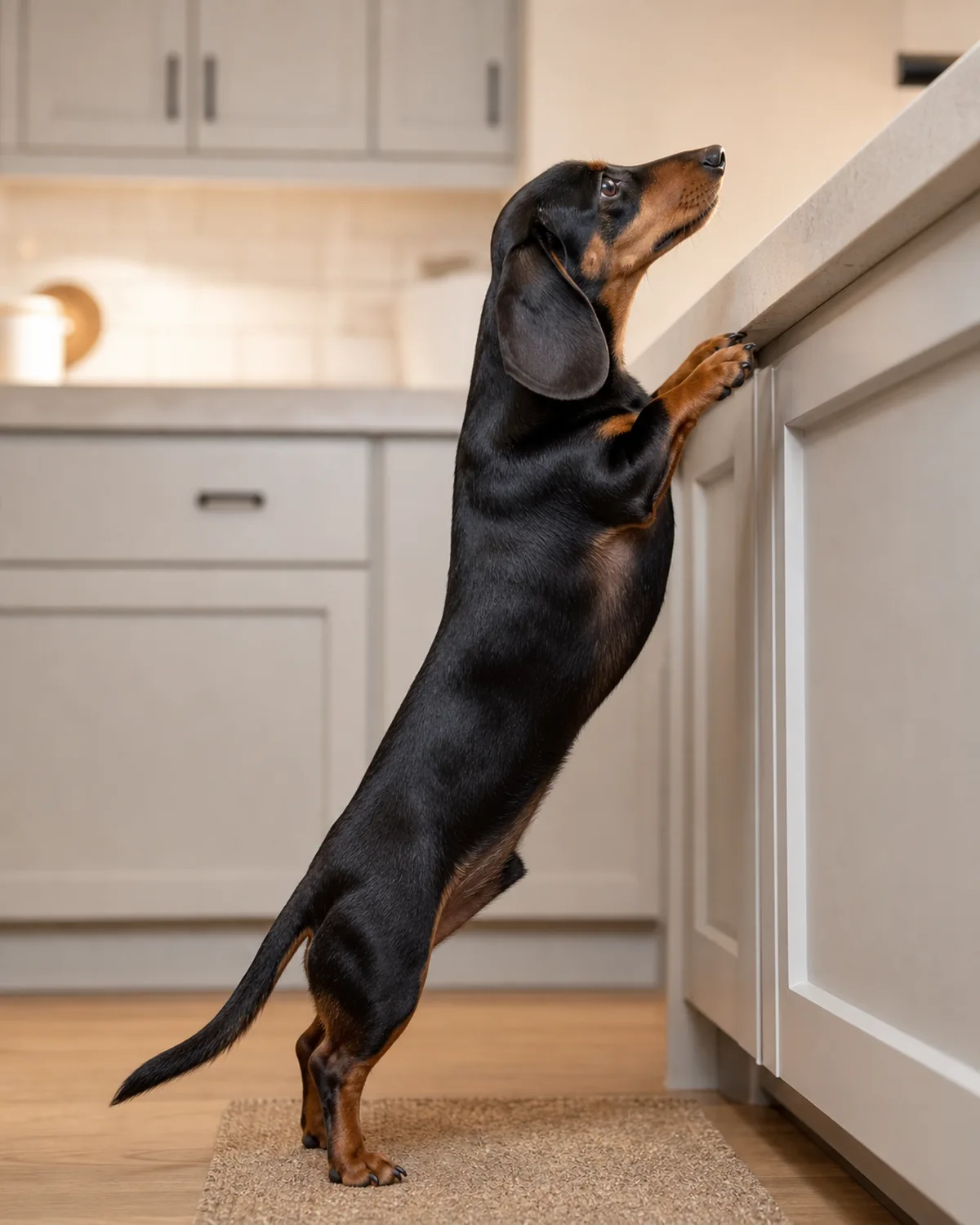 small long-bodied black-and-tan dog sniffing toward the edge of a kitchen counter with alert ears