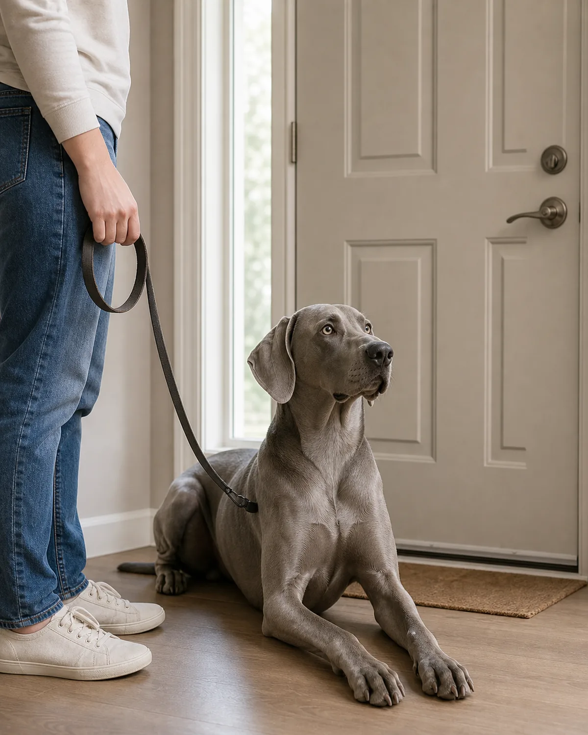 large silver-grey athletic dog on leash near a closed door, settled and calm