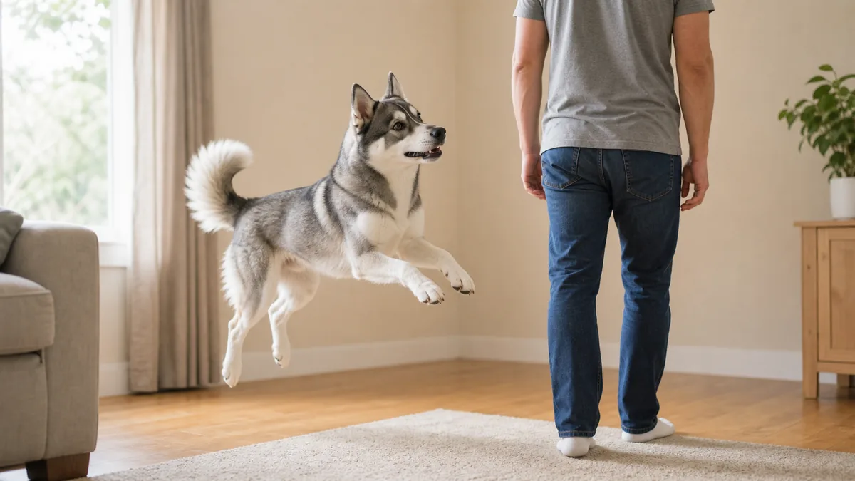 A medium athletic double-coated dog with grey-and-white fur, erect triangular ears and a bushy tail caught mid-jump with front paws lifting off as an owner turns 180 degrees away in a living room with natural window light