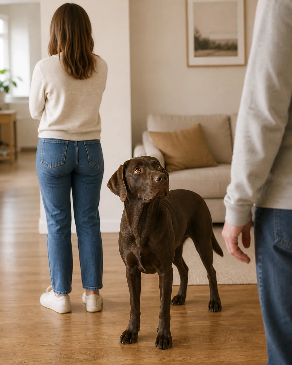 owner demonstrating turn-away to a guest while dog stands on all four paws in an indoor living area