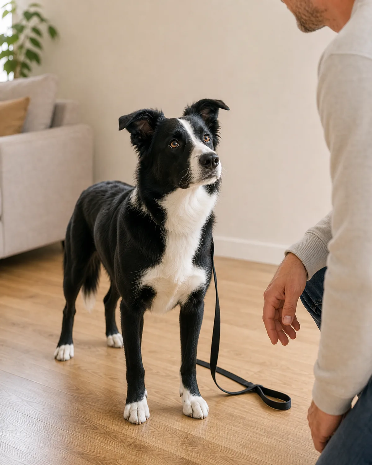 medium black-and-white dog on an indoor drag leash standing calmly with all four paws on the floor, focused on owner