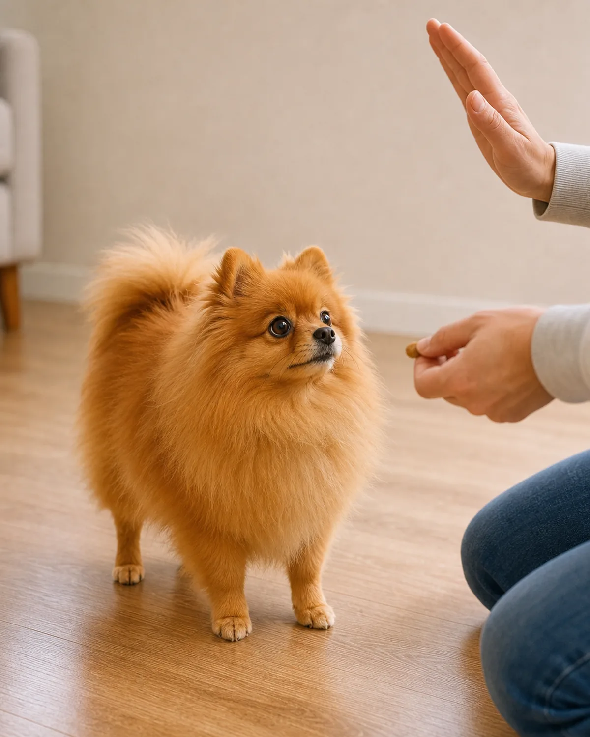 tiny fluffy orange dog at the moment four paws hit the floor with owner's marker hand raised and a treat in motion