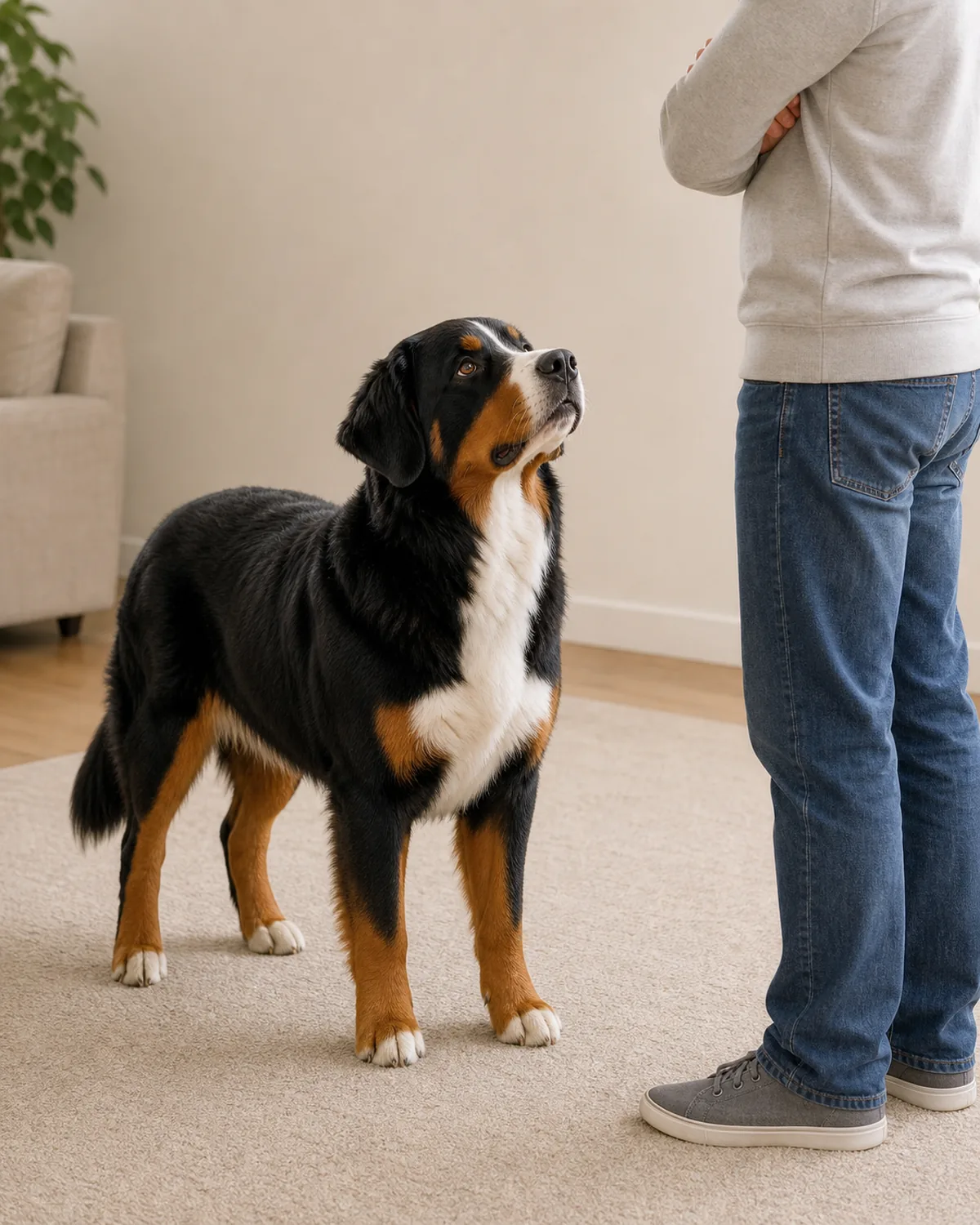 large tricolor dog with black, rust and white coat as owner stands calmly with arms crossed, not using knee or pushing