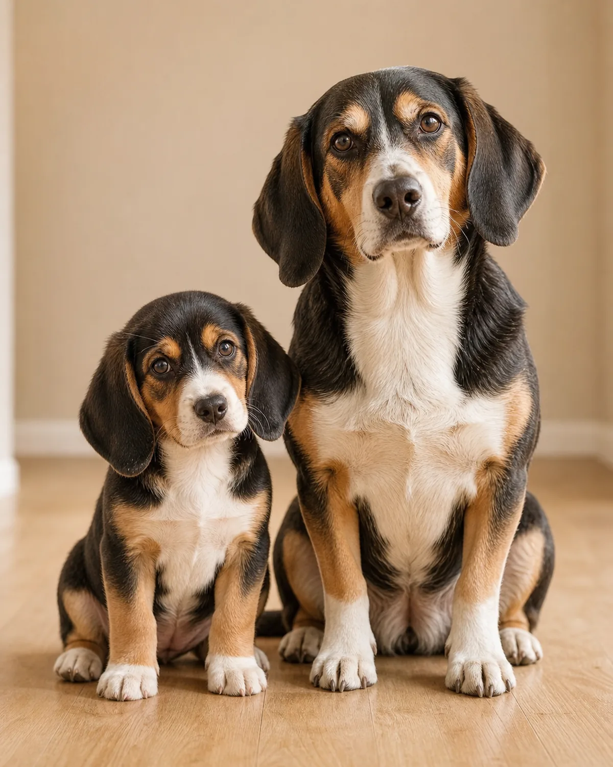 young puppy and adult dog sitting calmly side by side on a plain floor