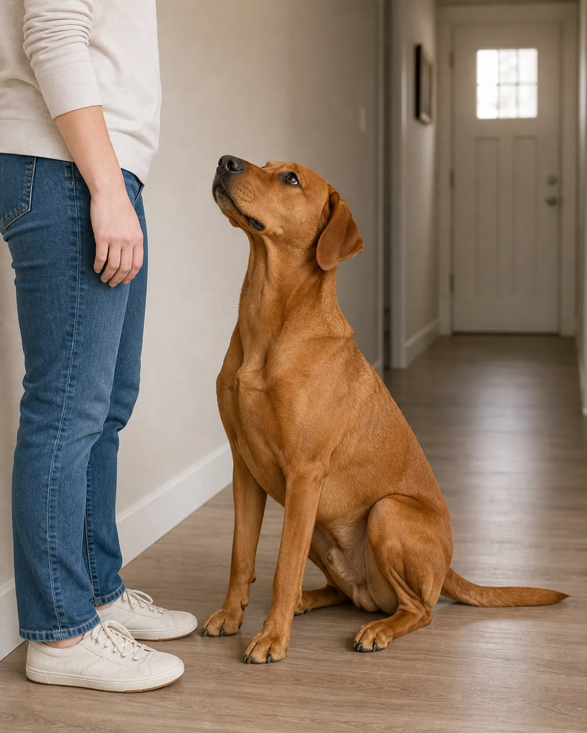 medium-large sleek rusty-gold dog sitting calmly at person's feet in an indoor hallway