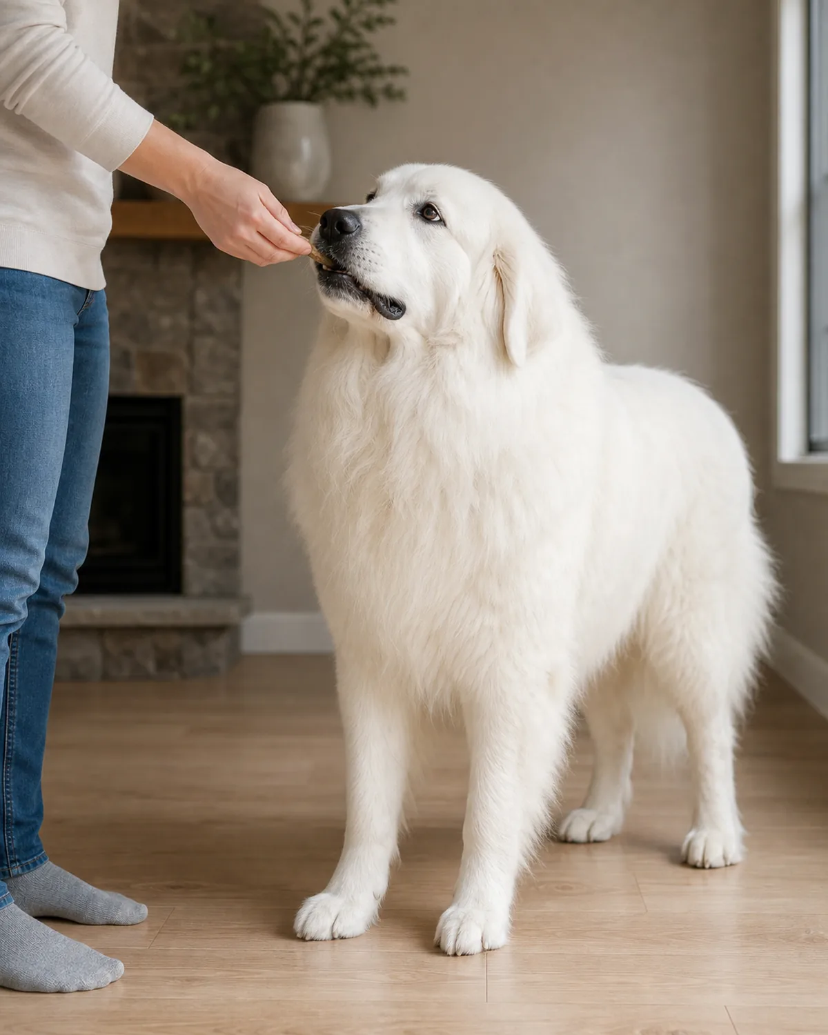 giant white dog receiving treat from owner as dog stands on all four paws