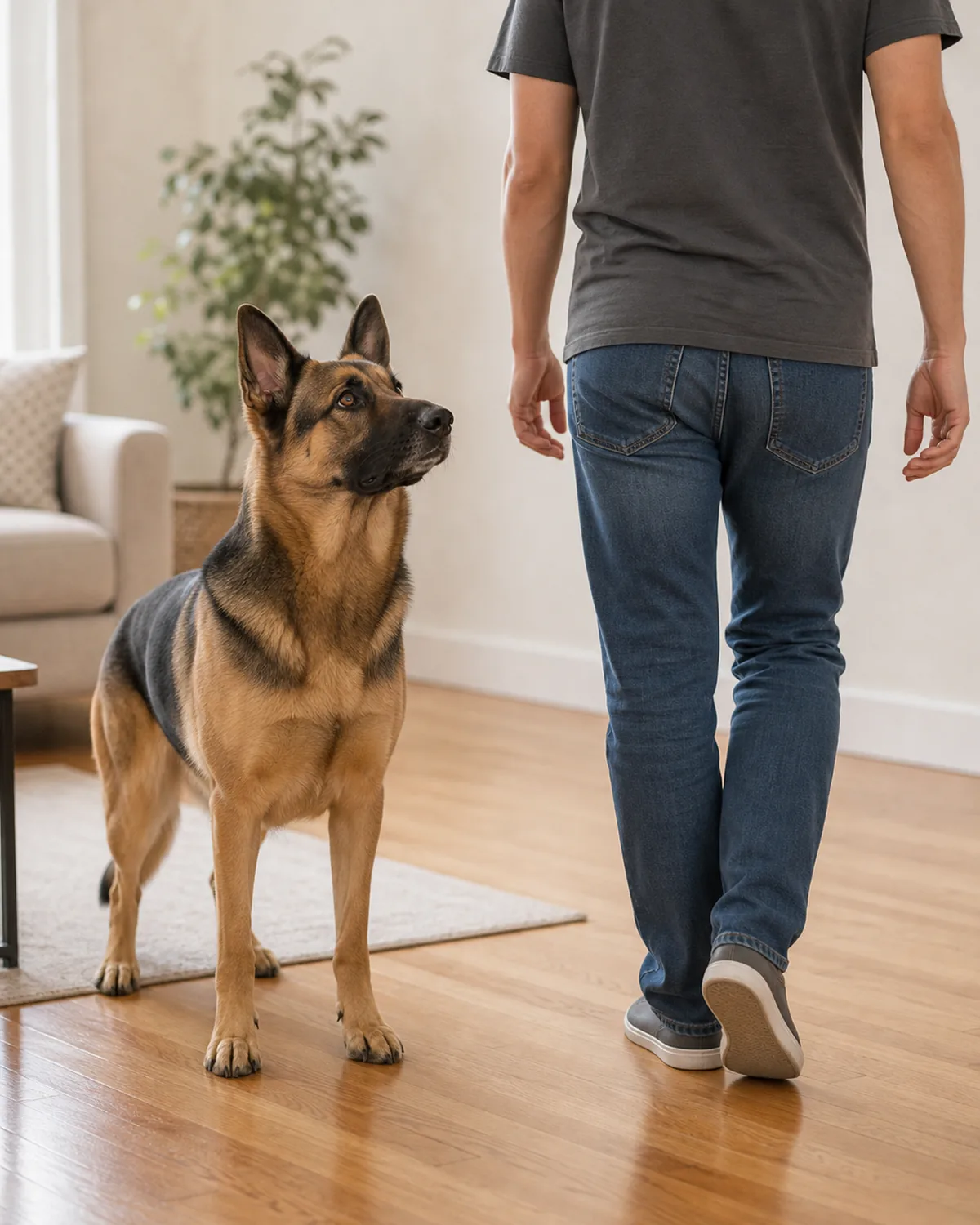 owner pivoting away from dog as dog looks up curious from the floor