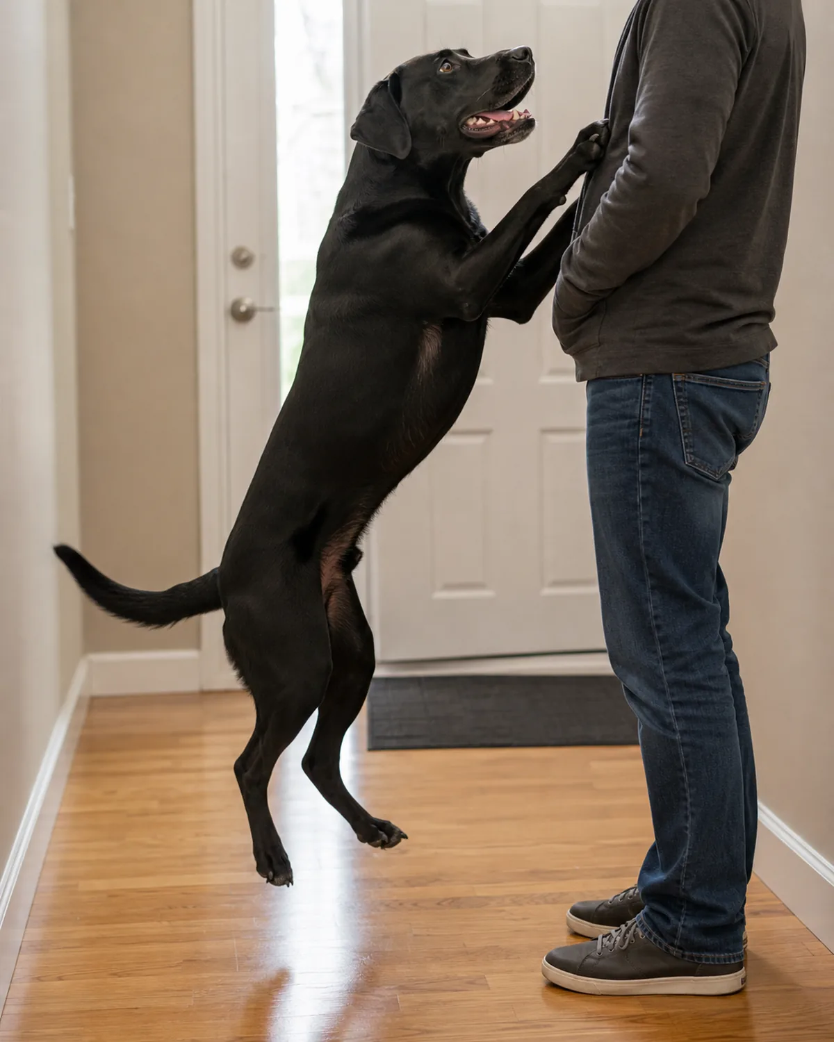 dog jumping toward person in entryway