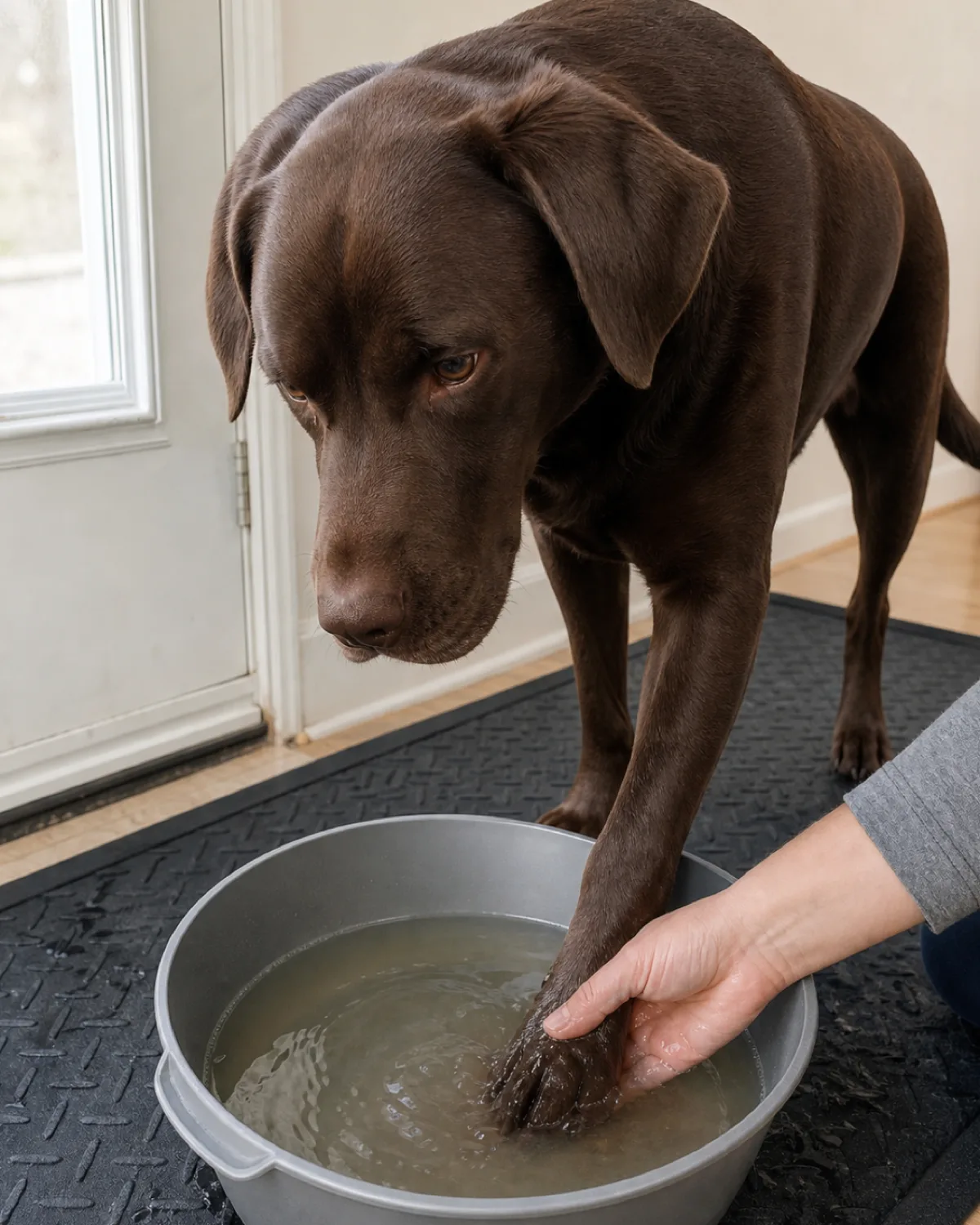 a large solid chocolate-brown short-coated dog with floppy ears standing calmly near a back door with one front paw submerged in a shallow grey basin of slightly cloudy water while a person gently swirls the water