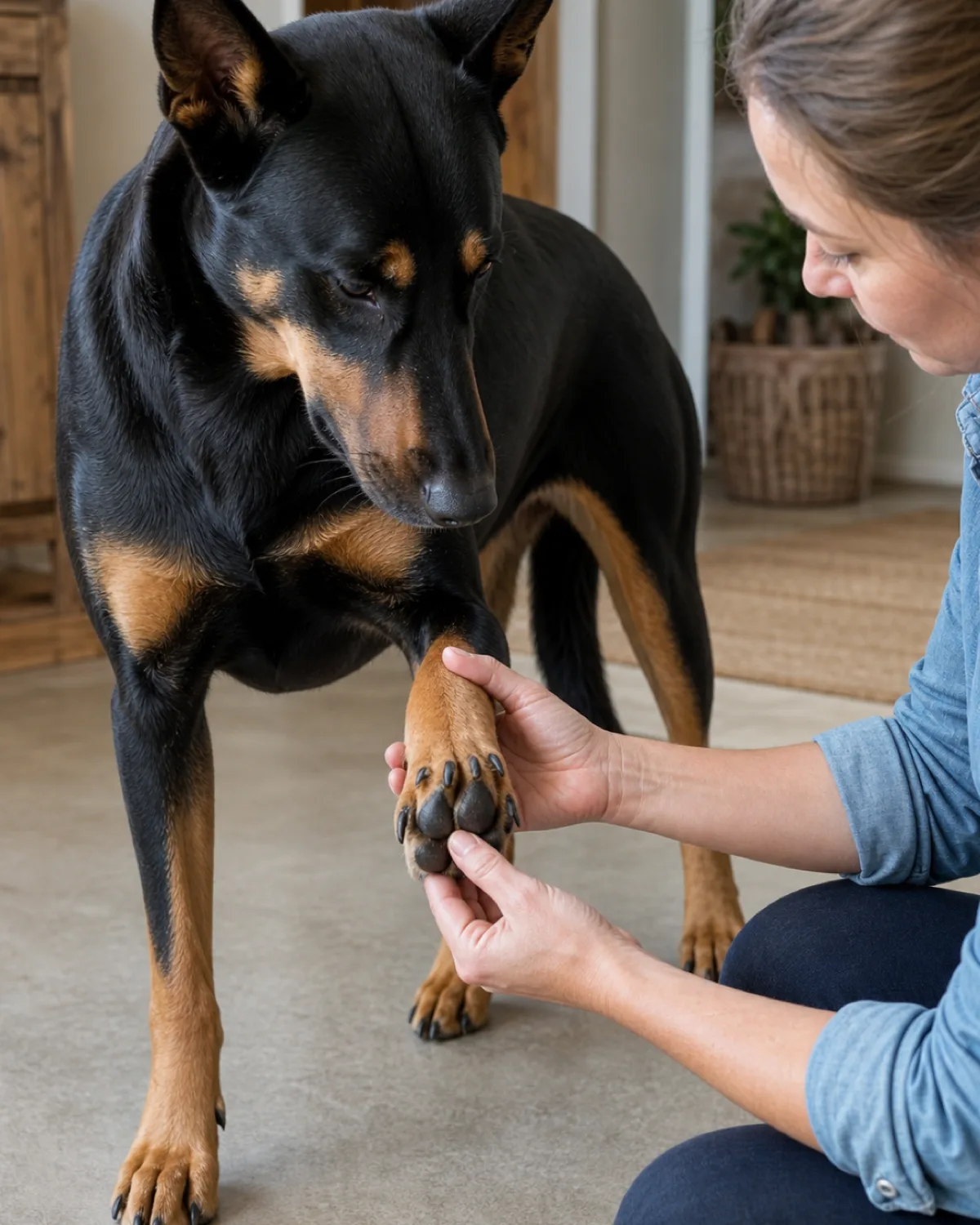 a large lean muscular black-and-tan short-coated dog with upright ears standing calmly on an indoor floor while a crouching person gently holds one front paw palm-up examining the healthy dark smooth paw pad