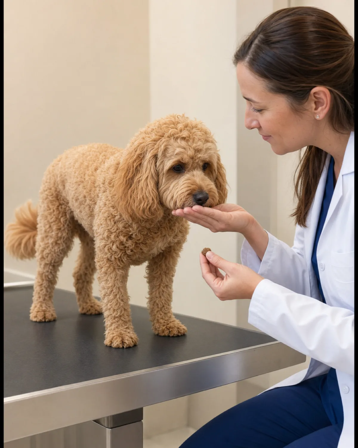 a medium apricot wavy-curly-coated dog with floppy ears standing on an exam table while a veterinarian in a white coat crouches to eye level offering a sniff and a treat