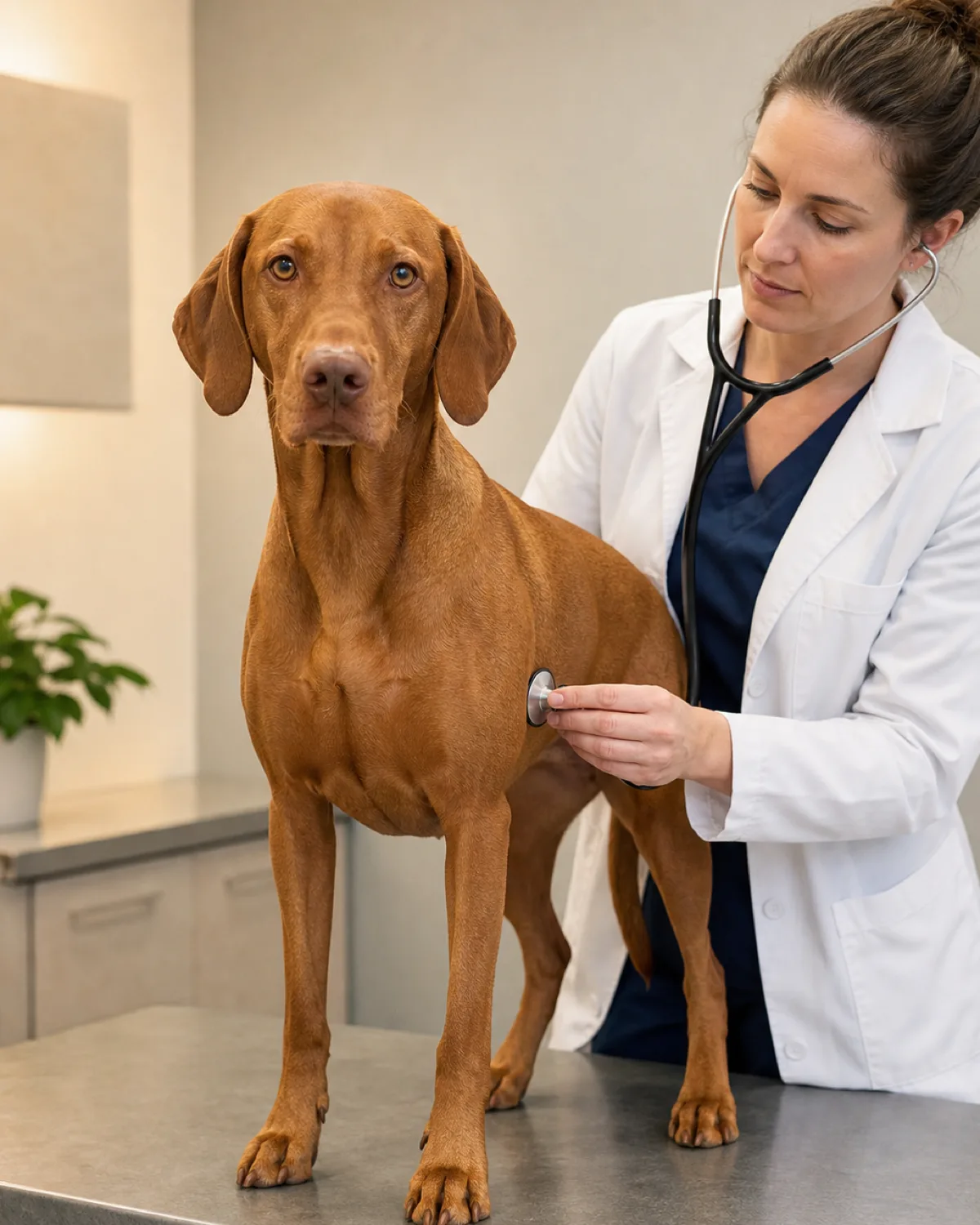 a medium-large sleek rusty golden-brown short-coated dog with floppy ears standing calmly on an exam table while a veterinarian gently uses a stethoscope on its chest
