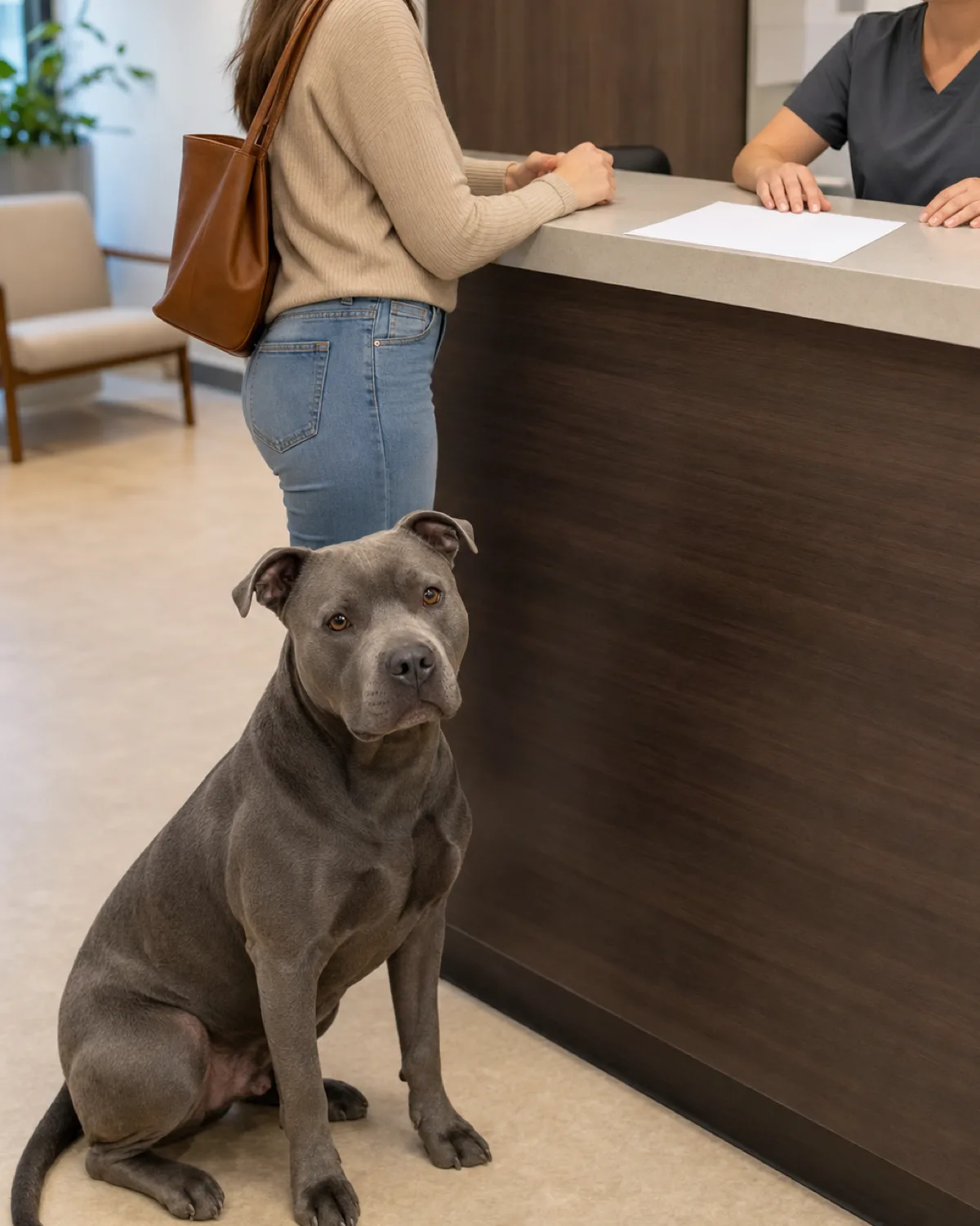 a medium muscular blue-grey smooth-coated dog with rose ears and a broad blocky head sitting calmly at a vet front desk while its owner talks to a receptionist with a paper on the counter