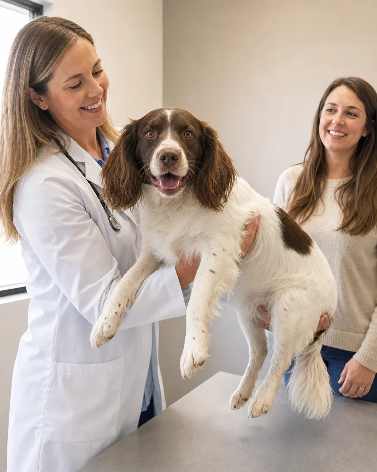 a medium athletic liver-and-white feathered-coated dog with long floppy ears wagging its tail while a smiling veterinarian gently lifts it from an exam table as the owner watches