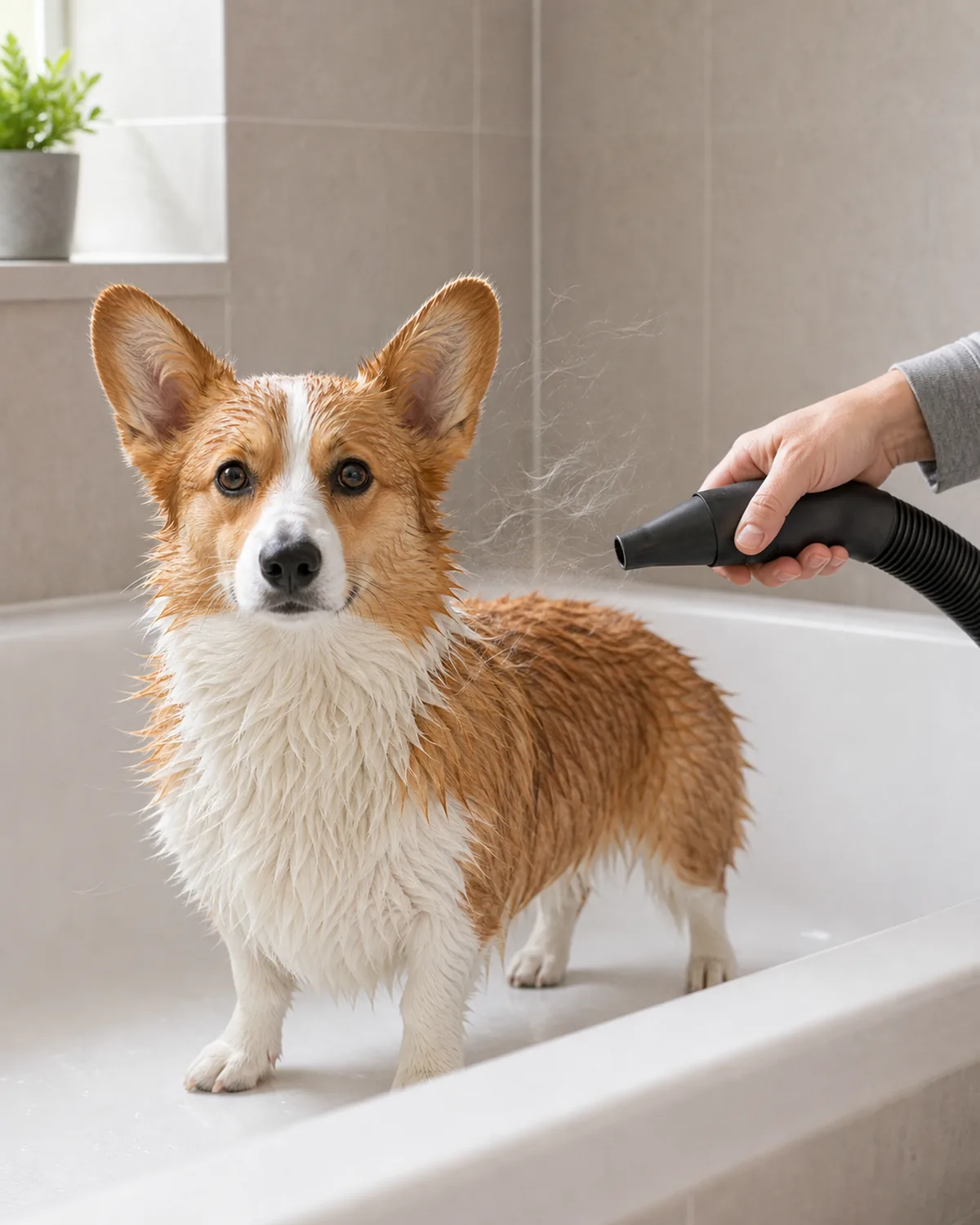 small short-legged red-and-white dog standing in a bathtub mid-bath with a high-velocity pet dryer nozzle lifting loose fur off the coat