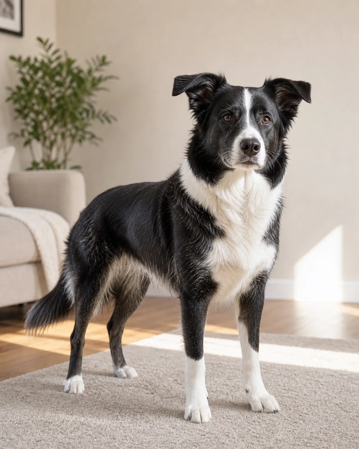 medium athletic black-and-white dog standing calmly in a sunlit living room showing the layered texture of topcoat over undercoat