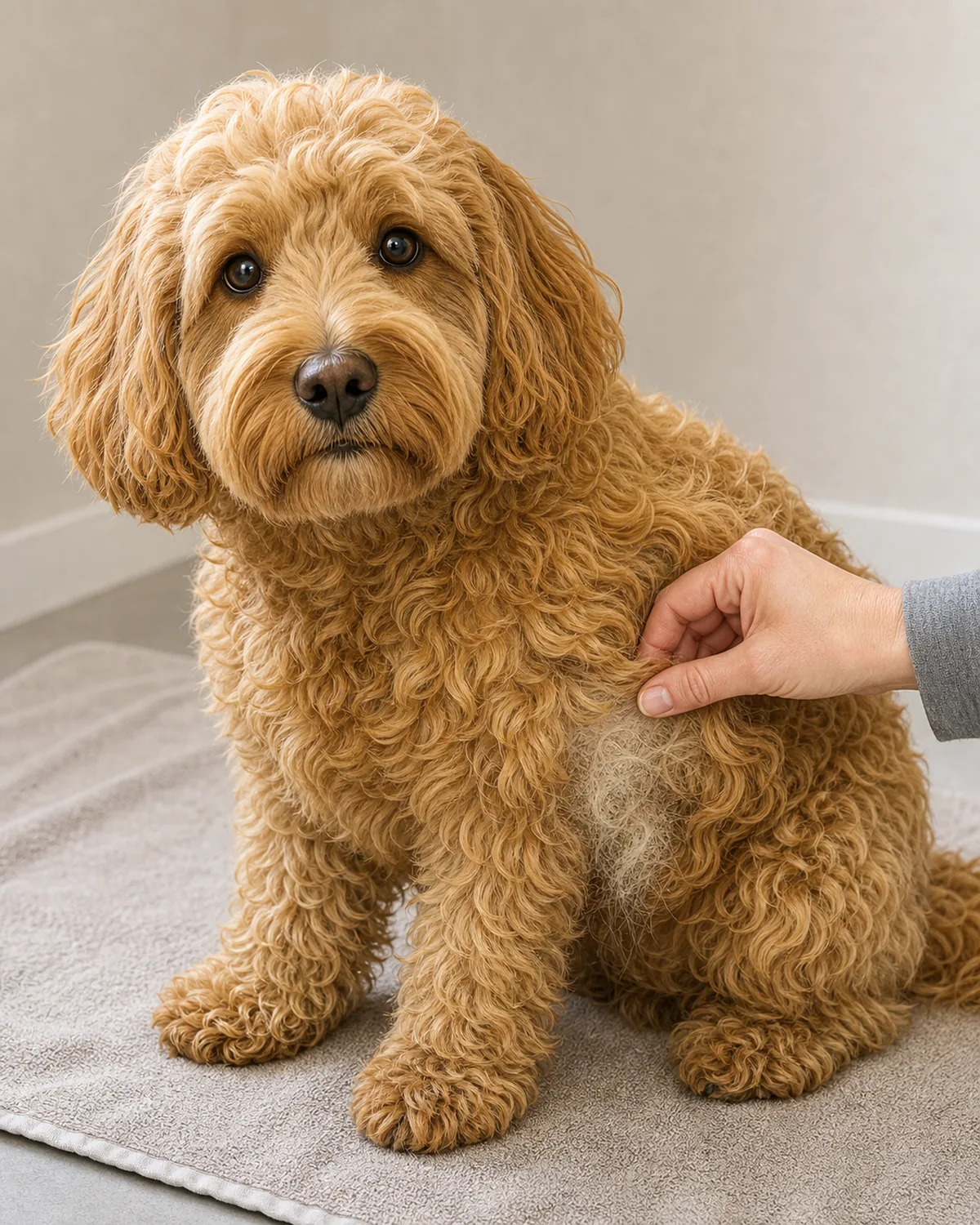 medium dog with a soft shaggy wavy-to-curly golden coat sitting calmly while an owner's hand parts a section of curly fur to show trapped loose hair underneath