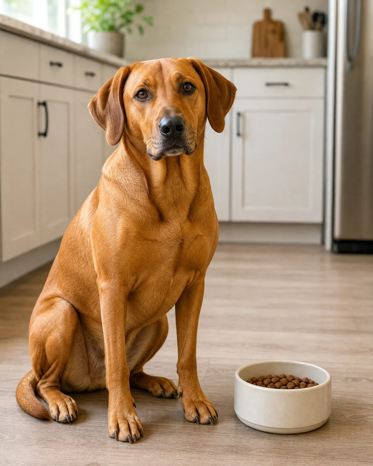 medium-large sleek rusty golden-brown short-coated dog sitting calmly beside a food bowl in a bright kitchen