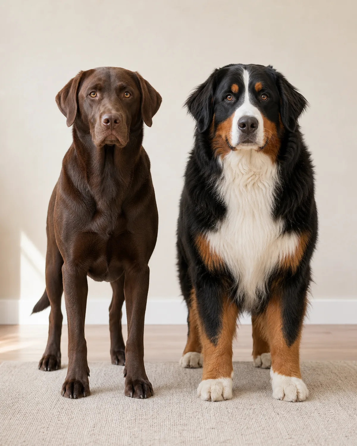 solid chocolate-brown short-coated dog standing beside a tricolor long-coated dog, side-by-side coat-type comparison