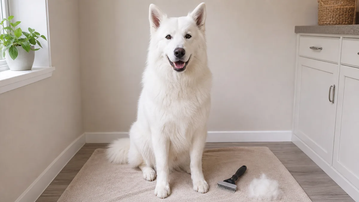 large dog with a thick stand-off pure-white double coat sitting calmly on a groomer mat with an undercoat rake and a small tidy pile of loose fur