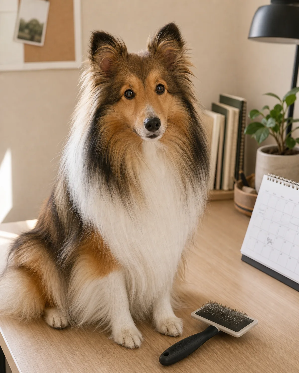 small sable-and-white collie-like dog sitting calmly beside a home desk with a grooming brush resting nearby