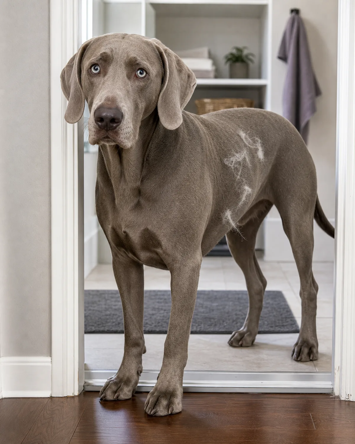 large solid silver-grey short-coated dog standing at a threshold between a grooming nook and a hallway with a few loose fur tufts caught in its coat