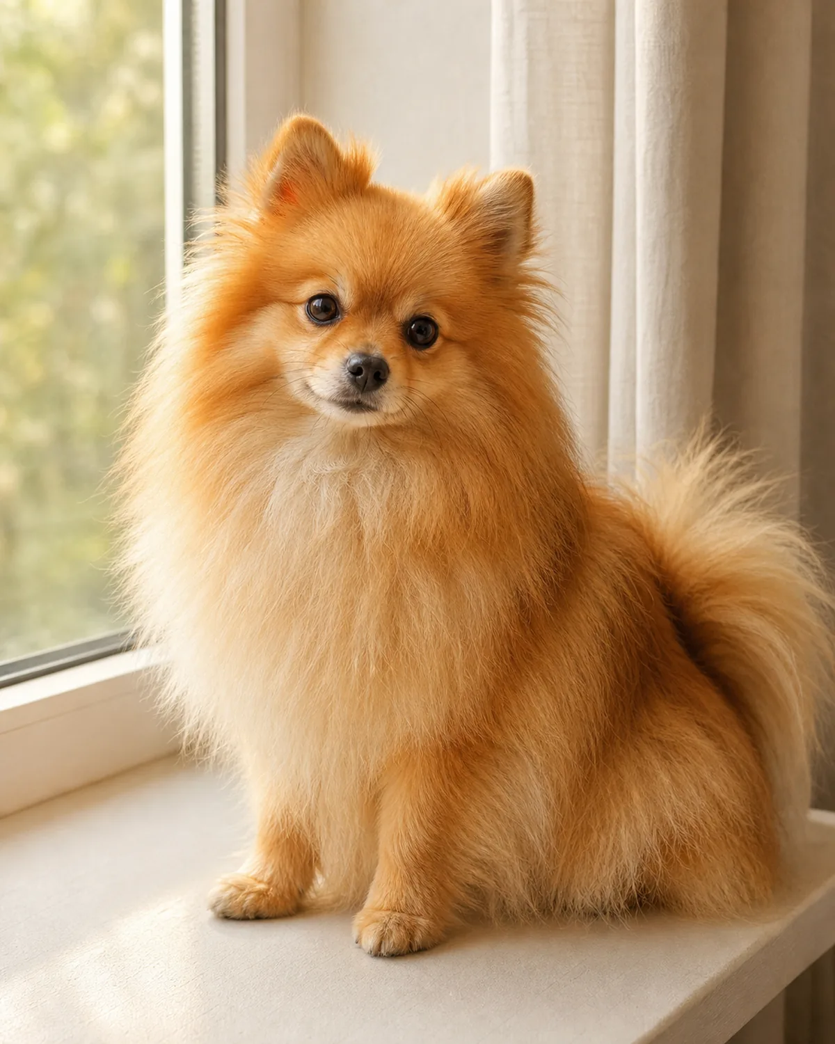 tiny fluffy orange double-coated dog sitting calmly on a windowsill with its full fluffy coat intact