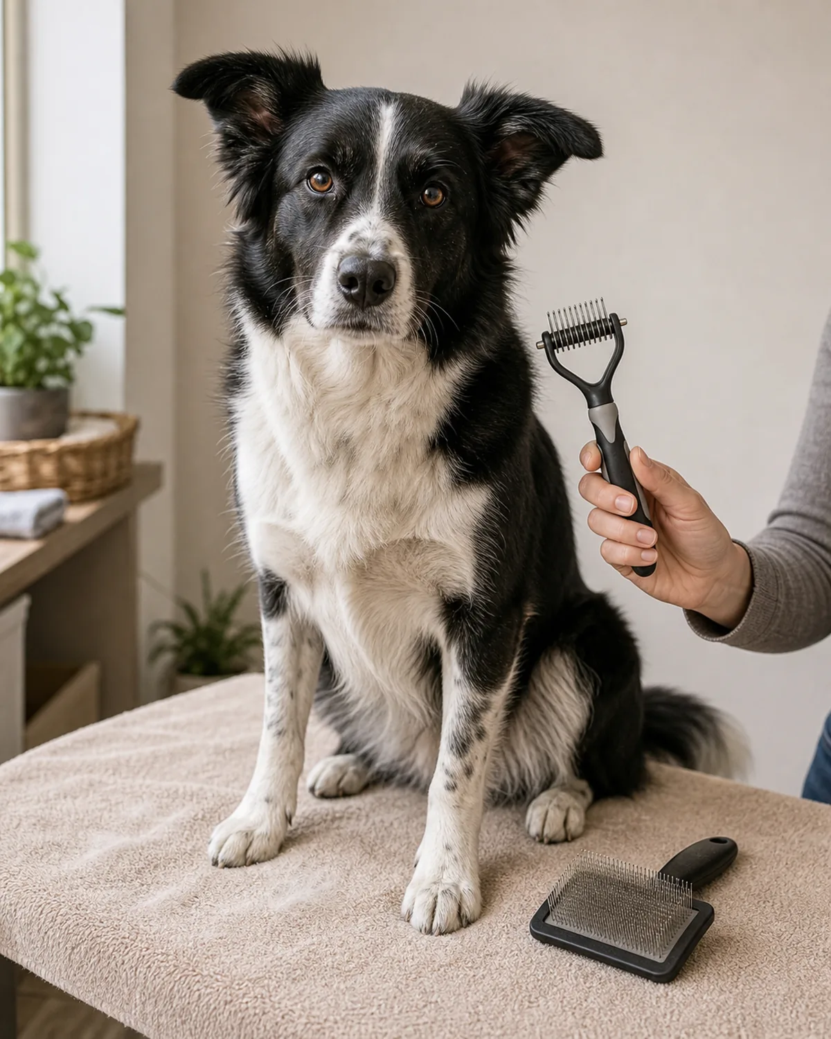 medium black-and-white dog sitting calmly beside an undercoat rake and a separate slicker brush laid out for comparison