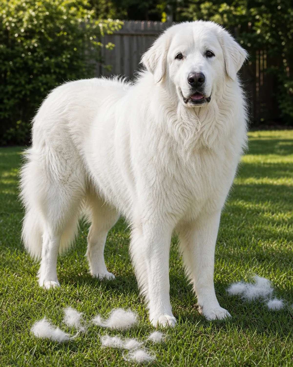 giant pure-white long-coated dog standing calmly in a sunny backyard with a few tufts of loose undercoat near its legs