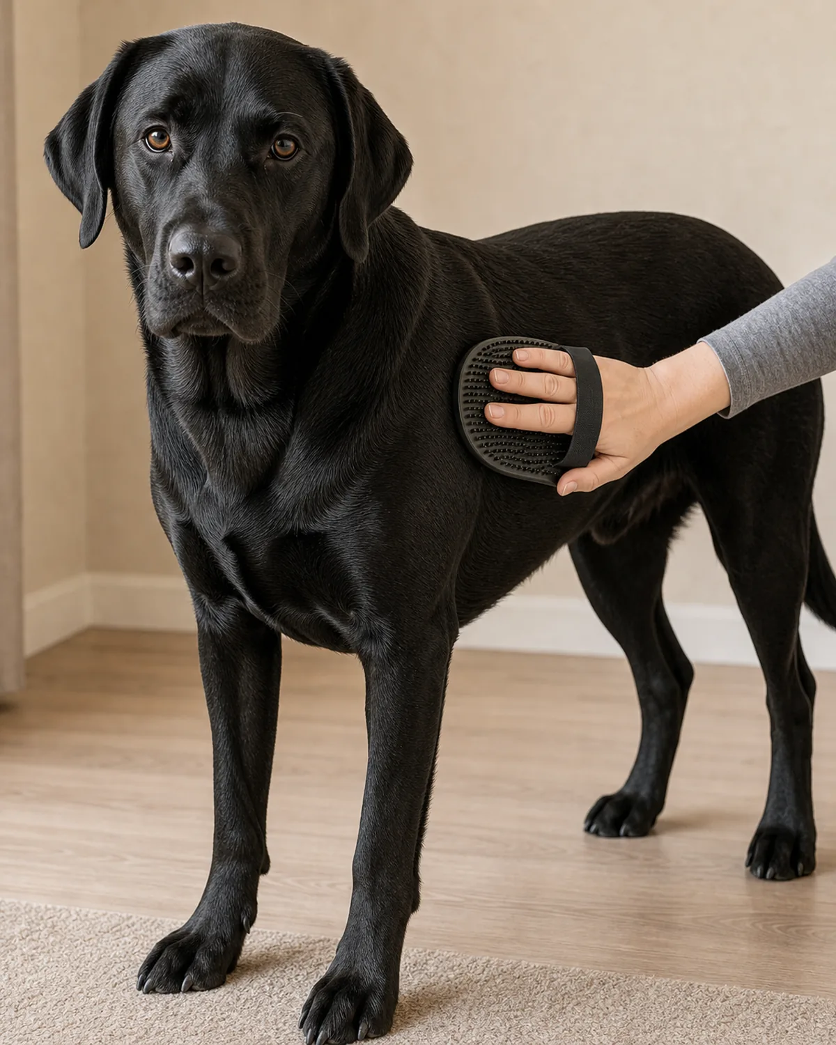 large solid-black short-coated dog standing calmly while an owner's hand uses a rubber curry mitt in small circular motions on its side