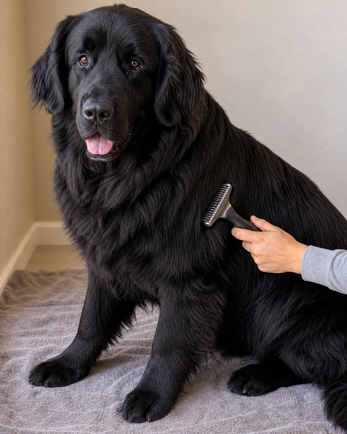 giant solid-black long-coated dog sitting calmly while an owner's hand works an undercoat rake in short gentle strokes against the coat