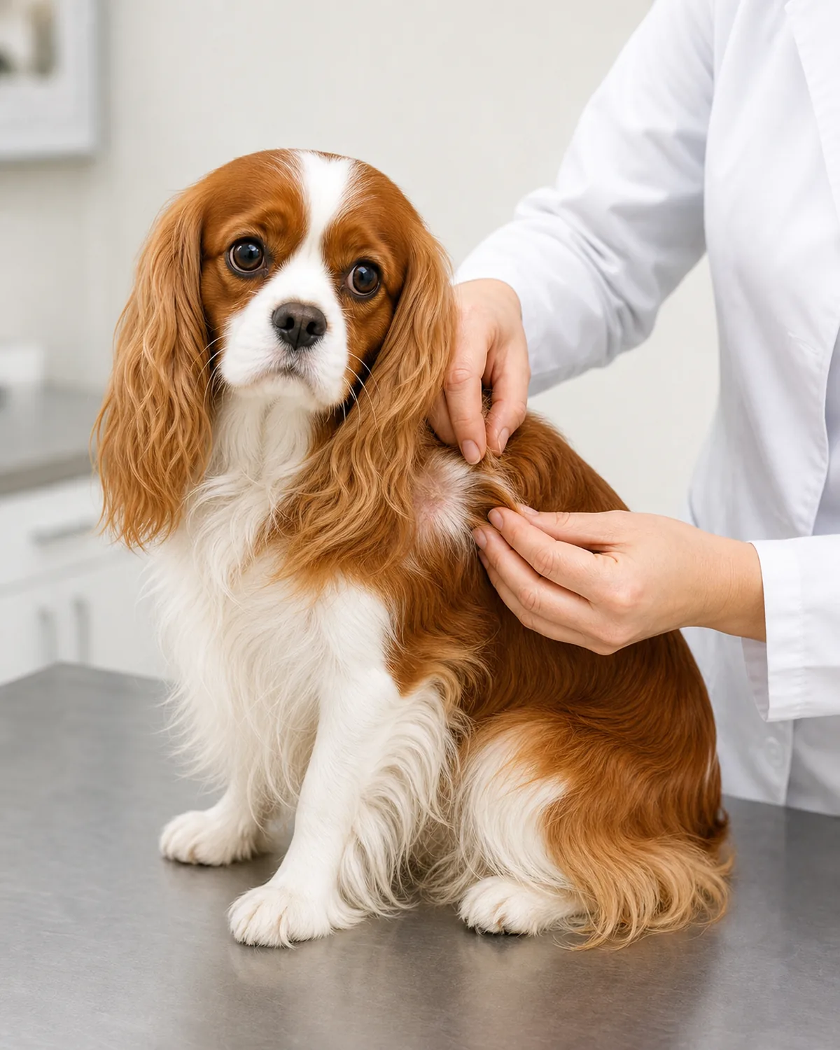 small chestnut-and-white silky dog sitting calmly on an exam table while a person in a plain white coat gently checks its skin