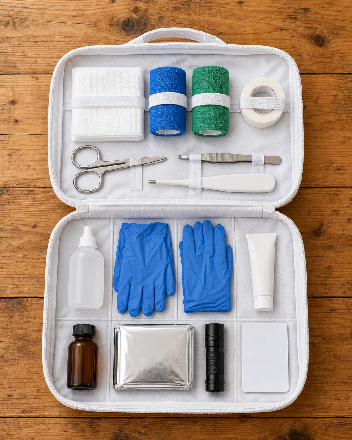 a top-down flat lay on a wooden table showing an open white first-aid pouch with all supplies neatly arranged around it including gauze pads, self-adhesive bandage rolls in blue and green, medical tape, blunt-tip scissors, tweezers, a digital thermometer, saline bottle, blue nitrile gloves, and a folded silver mylar blanket