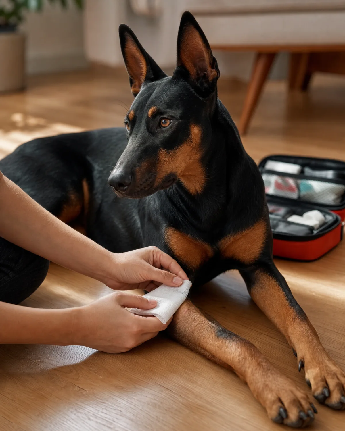 a large lean muscular dog with a sleek black-and-tan short coat, sharp rust points and upright ears lying calmly on a light hardwood floor, owner hands gently pressing a folded white gauze pad against a tiny pink mark on the inner foreleg, a small open first-aid bag visible behind