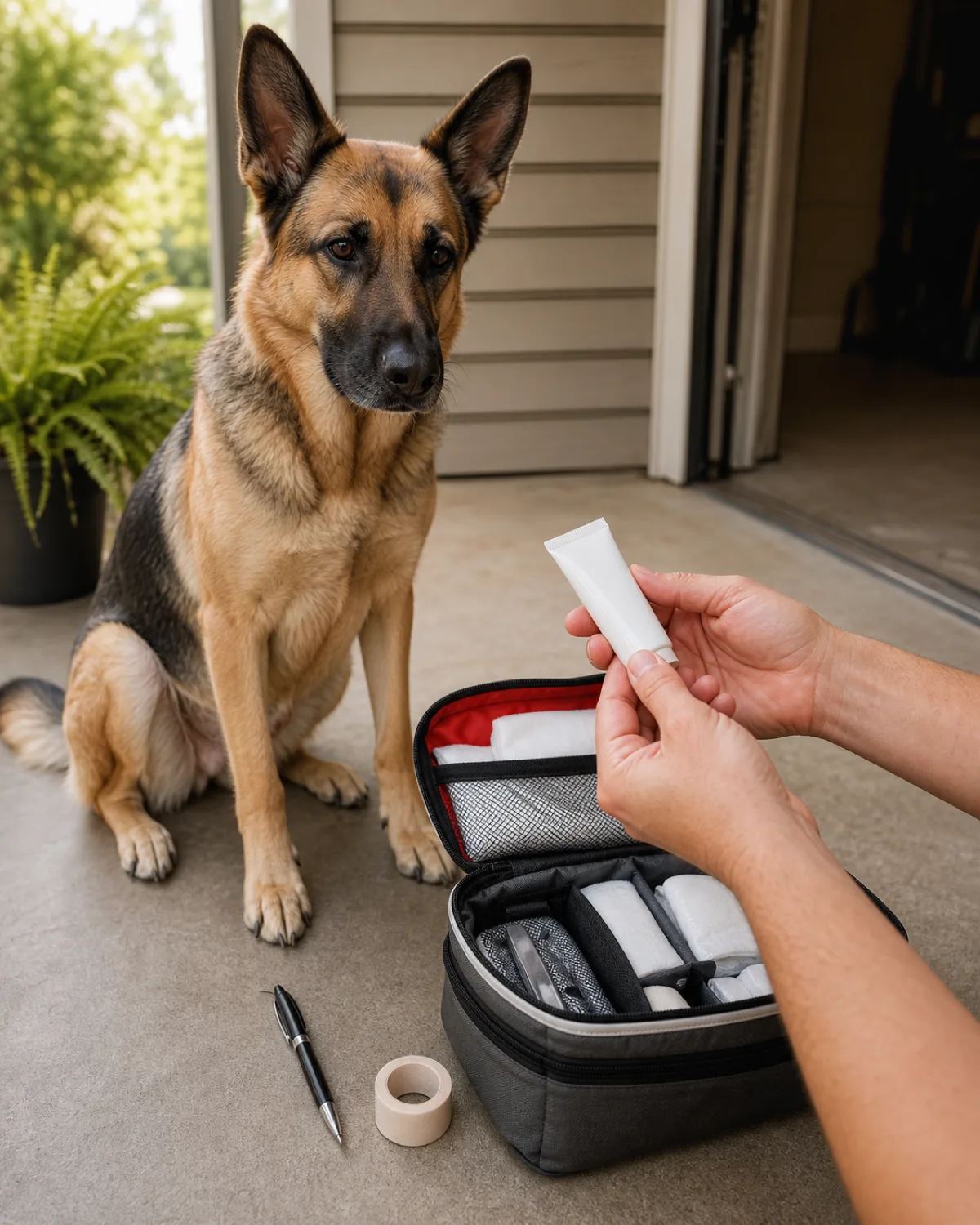 a large dog with a tan body and a black saddle-and-mask, medium coat, large upright pointed ears and a long muzzle sitting on a covered porch beside an open first-aid soft bag, owner hands holding a small white tube and examining it closely, a pen and small piece of tape beside the kit, warm indirect natural light