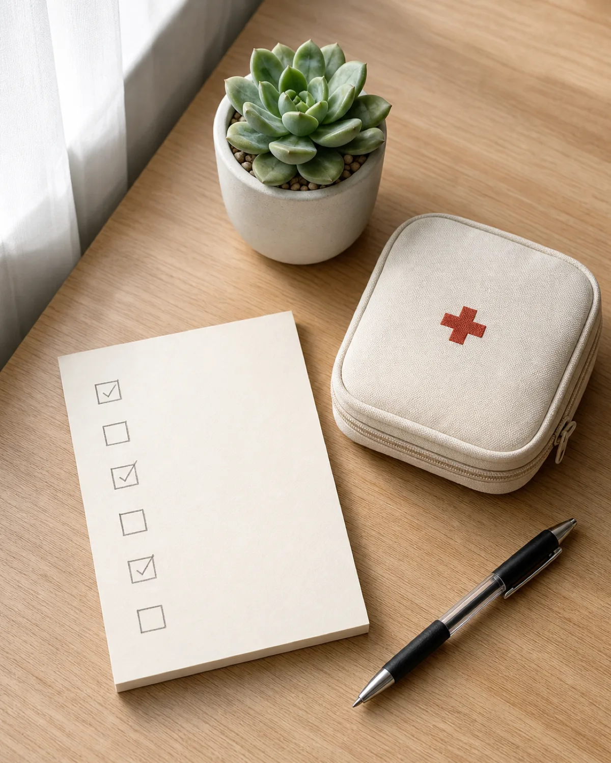 a cream-colored card with hand-drawn check boxes and short blurry lines implying a checklist, several boxes with pencil check marks, beside a closed red-cross first-aid pouch, a ballpoint pen, and a small potted succulent, bright window light on a light wooden desk