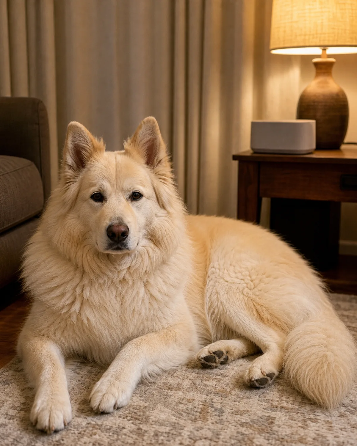 a large dog with a pale honey-cream double coat resting on a rug in a living room with curtains drawn and a plain white-noise machine nearby