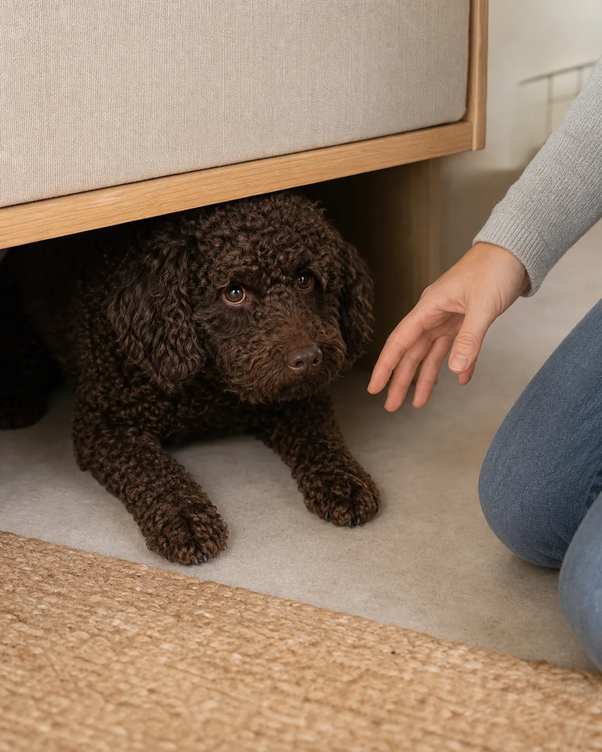 a medium dog with a deep chocolate-brown curly coat tucked partly under furniture while a person's hand pauses respectfully nearby instead of reaching for the dog
