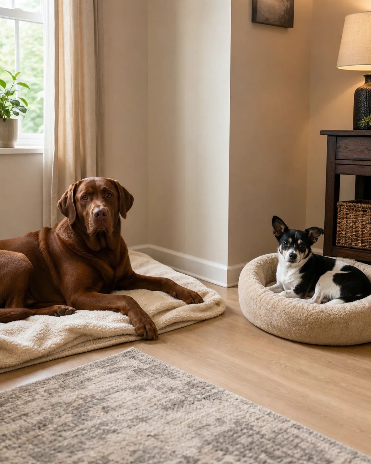 two dogs resting calmly in separate corners of the same room, a large mahogany-red dog on its own blanket and a small black-and-white patched dog on its own bed, with clear distance between them
